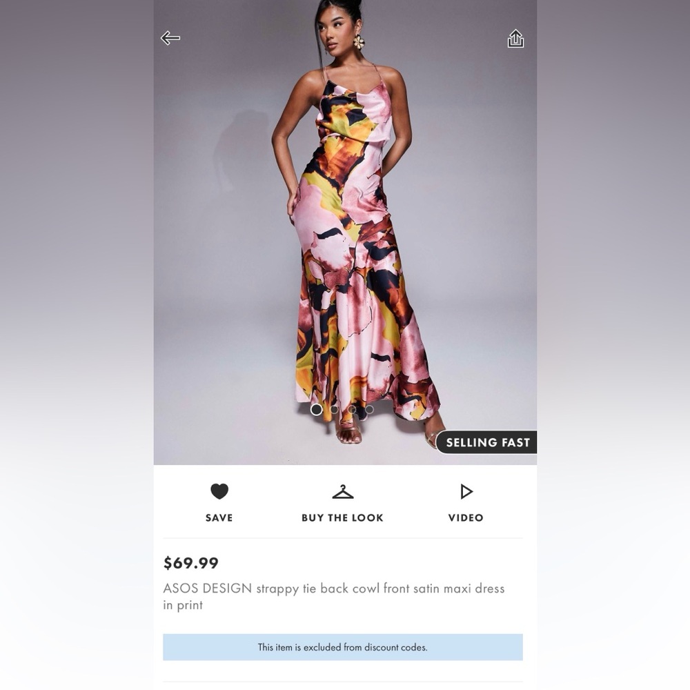 ASOS DESIGN strappy tie back cowl front satin maxi dress in print size us 12